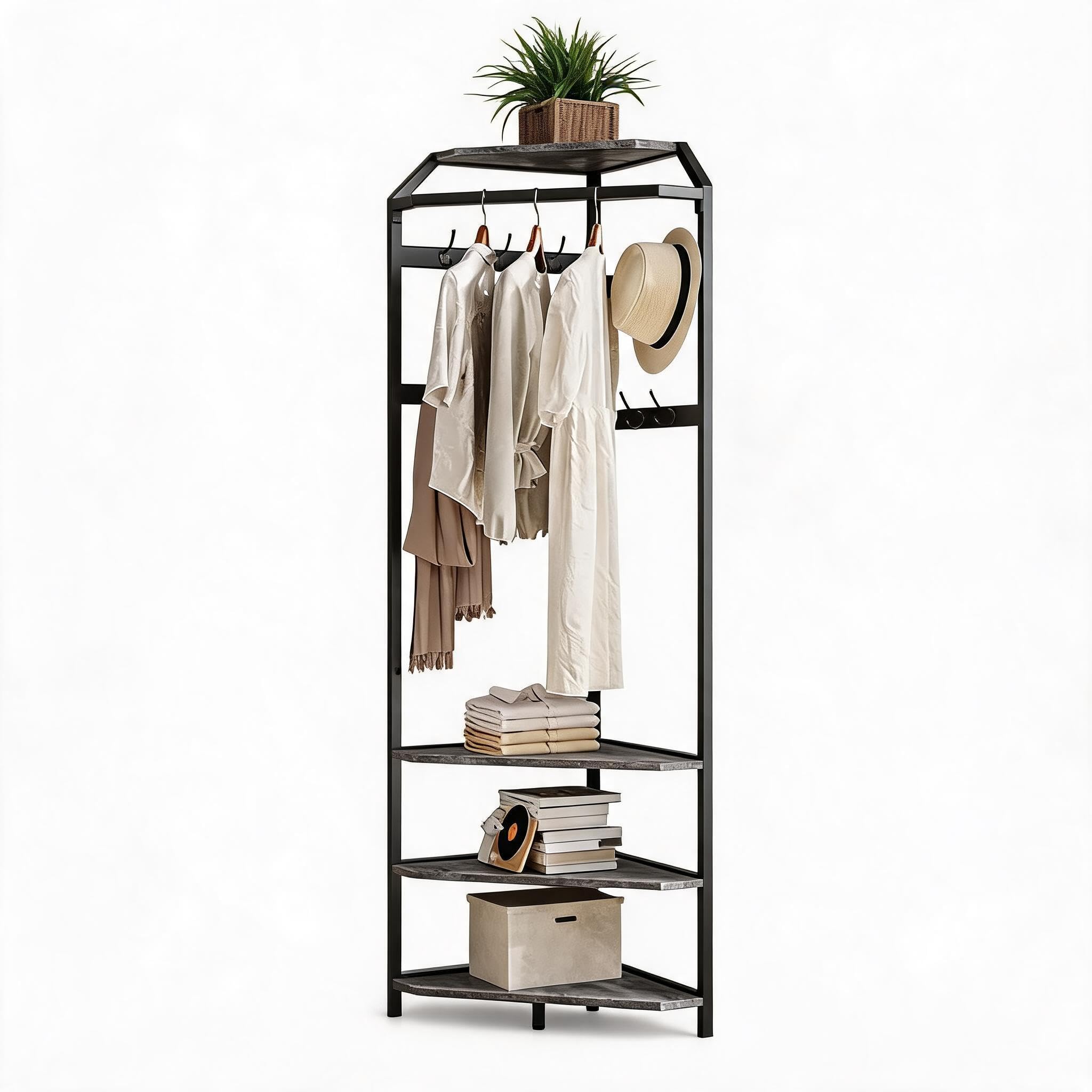 Cachpib Metal Coat Stand Corner Hall Tree Clothing Rack with Hooks, Shelves