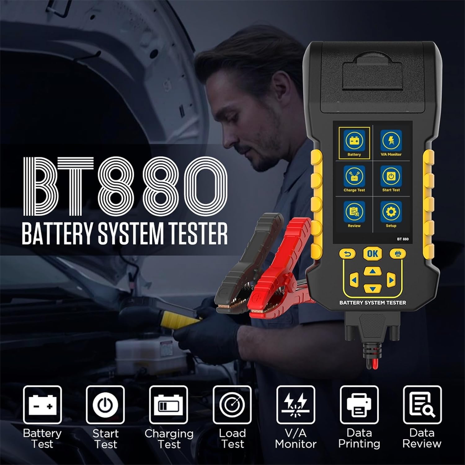 Battery System Tester 8V-30V Battery Testers BT880 Automotive Battery Analyzer Support Battery/Start/Charging/Load Test,V/A Monitor/Multi-Languages/3.2 Inch Display with 2 Rolls Printer Paper