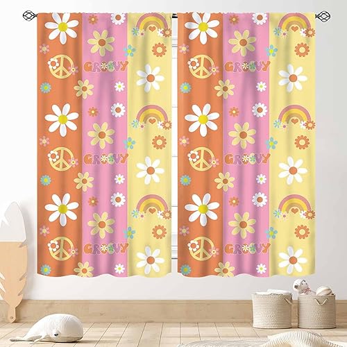 Miniatura 20 de Cortinas de cocina florales retro de los años 70 para ventana, diseño de flores naranjas hippie, estéticas, bohemias, opacas, pequeñas, cortas, para