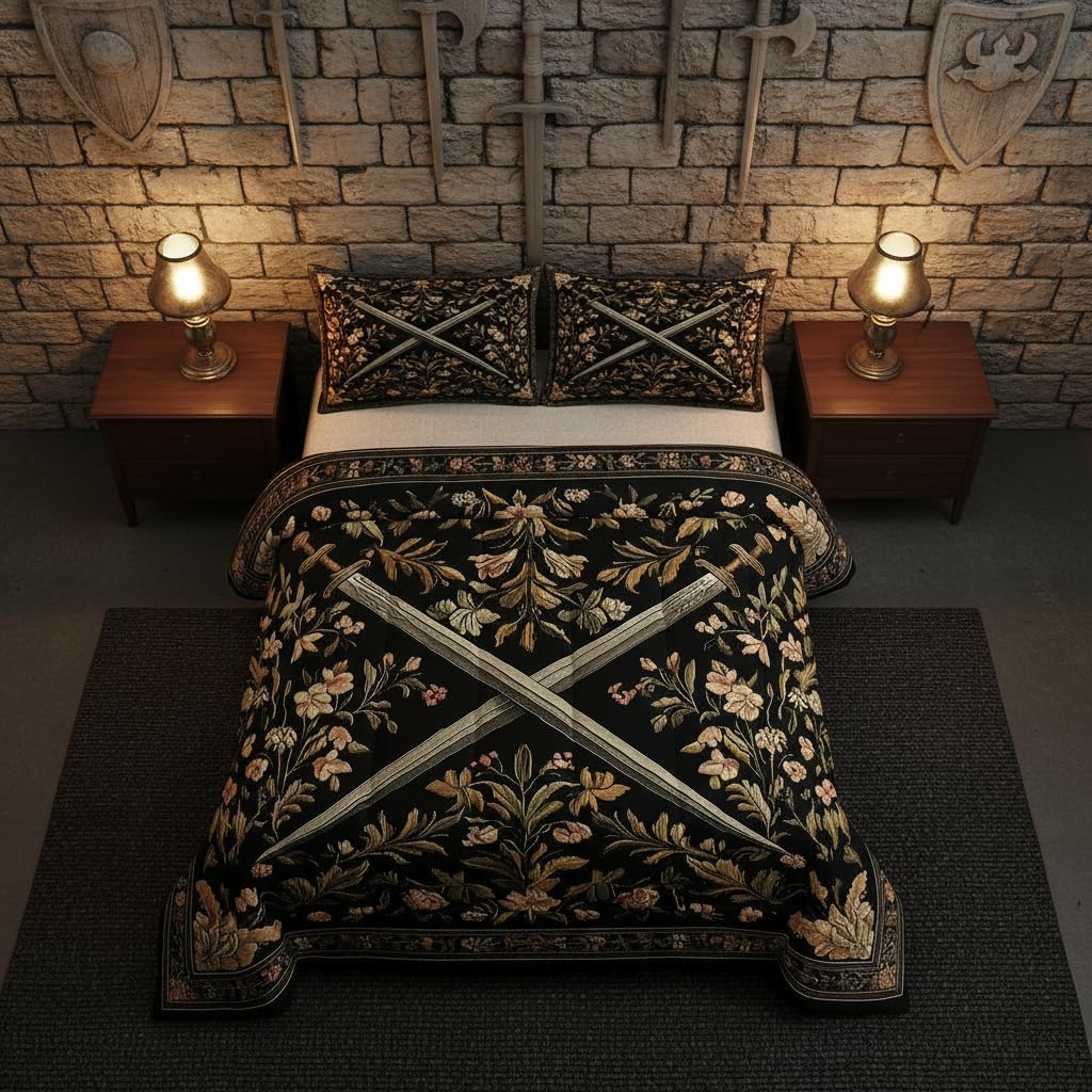 Medieval Style Swords Comforter Set Country Rustic Flowers Comforter King Size Knight Theme Sword Bedding Set for Kids Girls Boys Bedroom Decor Fashion Black Yellow Quilt Duvet,3 Pcs with 2 Pillowcase