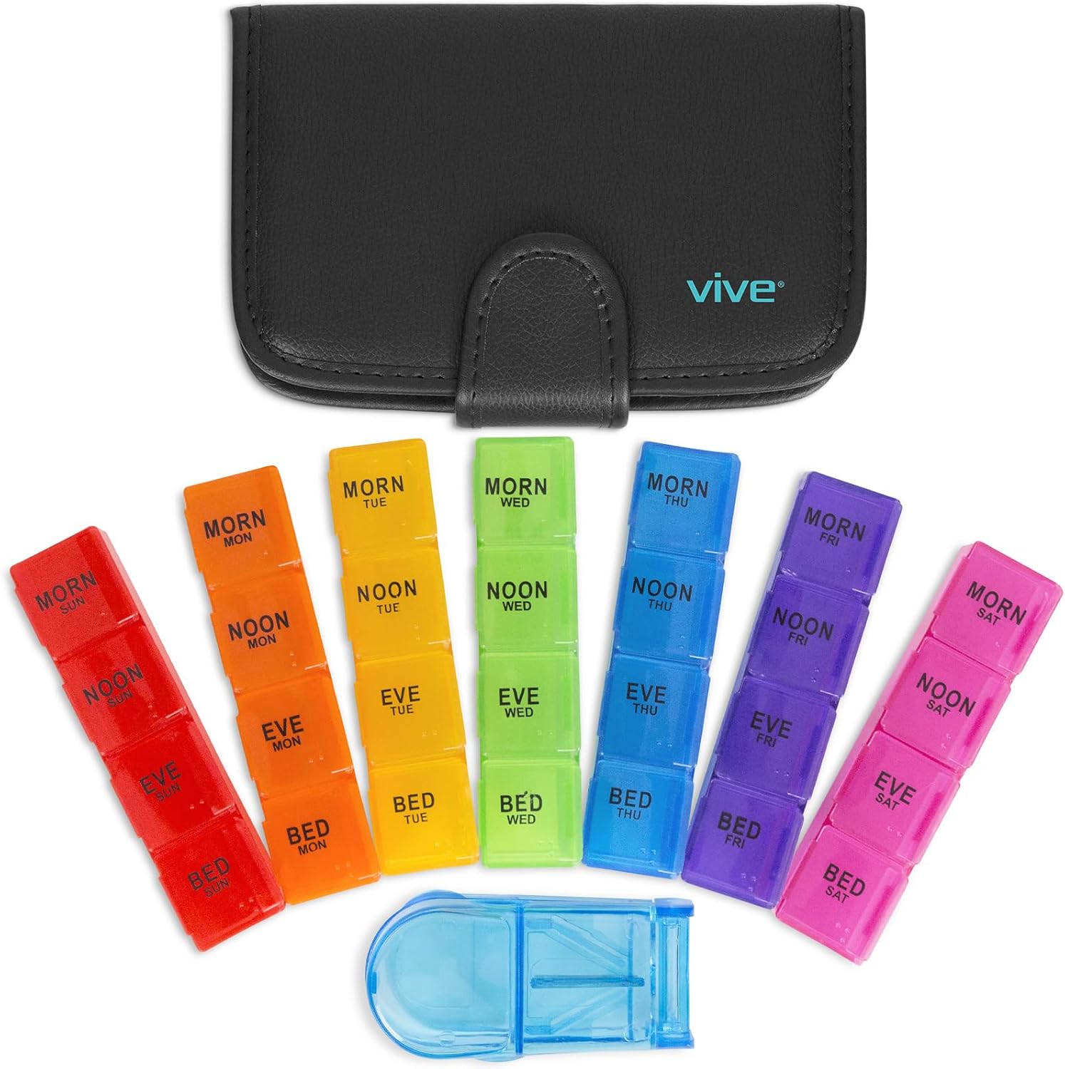 Vive Weekly Pill Organizer 4 Times a Day - 7 Days Pill Boxes for Morning, Noon, Evening, Night - Extra Large Medicine, Vitamin & Supplement Dispenser with Premium Leather Case