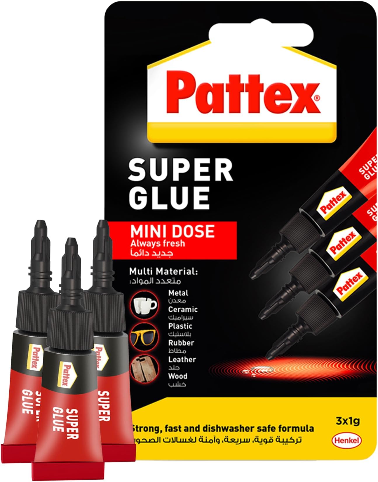 Pattex Super Glue Mini Dose, Strong All Purpose Adhesive For Repairs , Easy To Use Instant Super Glue, 3X1G