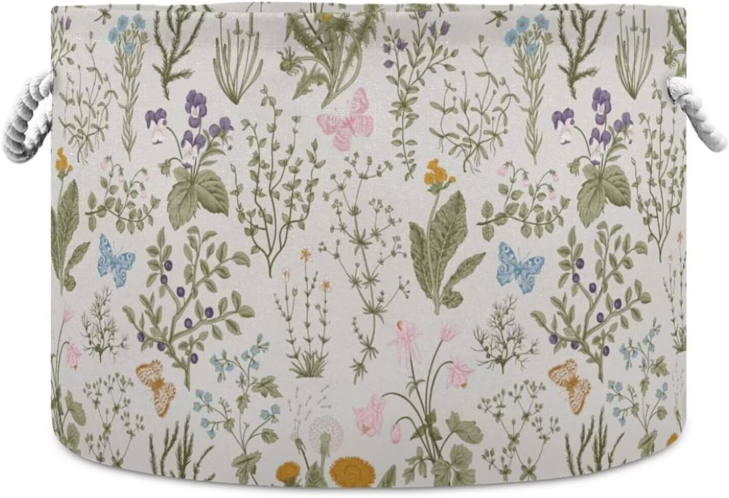 Flower Print Round Storage Basket Vintage Wildflower Large Laundry Hamper Green Botanical Floral 20 x 20 x 14 Inches Organizer Bin Blanket Storage Bag for Bedroom Nursery Living Room Decoration