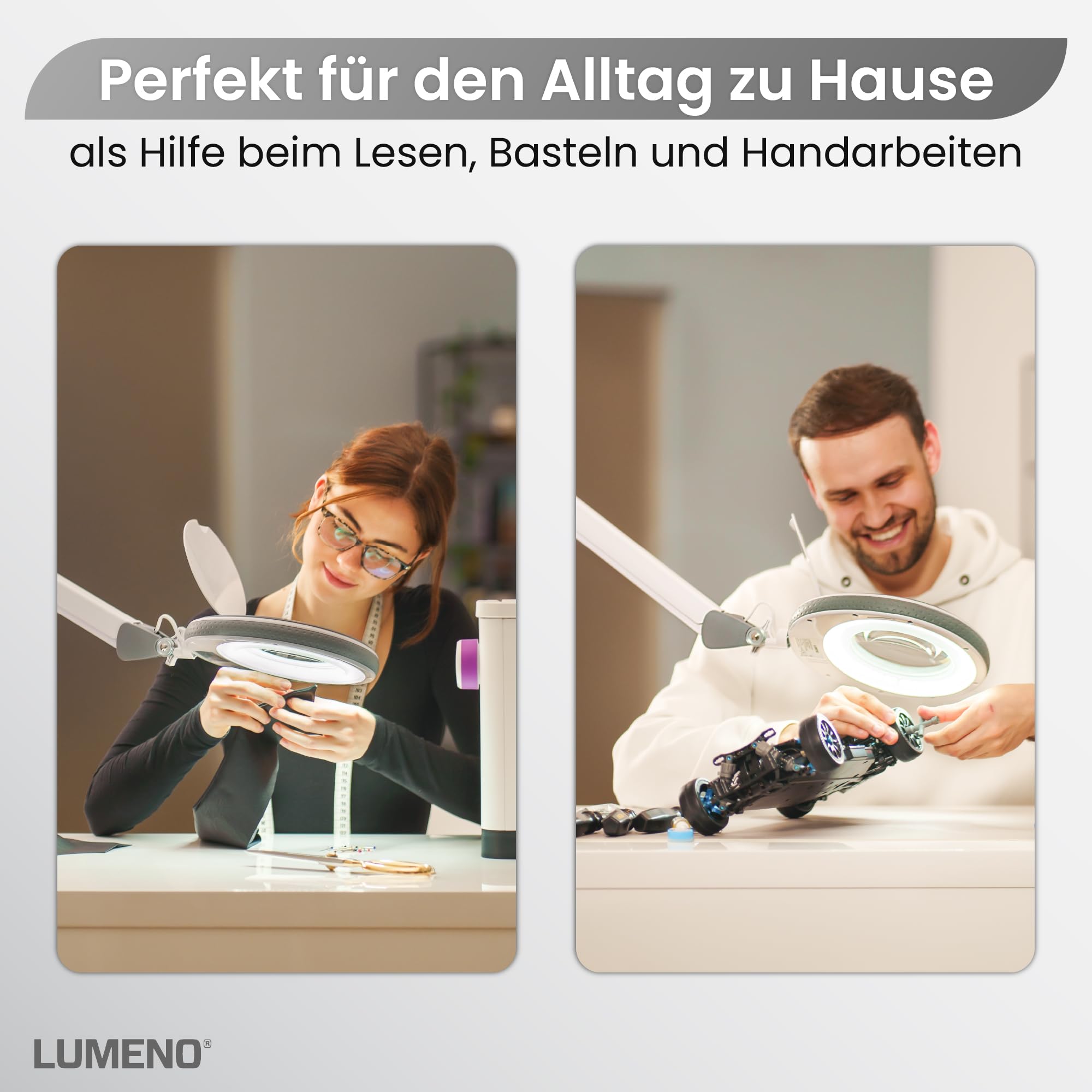 Lumeno 8215GR LED Lupenleuchte Arbeitsplatzleuchte Kosmetiklampe, einstellbare Helligkeitsstufen, kristallklare 127 mm Glaslinse, Lesehilfe/Lupe, 5 Dioptrien mit Tischfuß