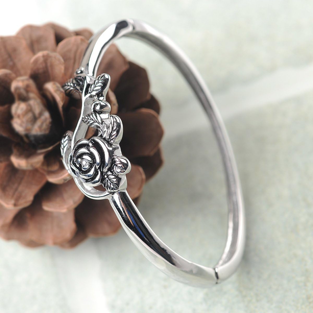 Polished Cuff Bracelet for Women Titanium Steel Rose Flower Bracelet 22.4G - Image 4