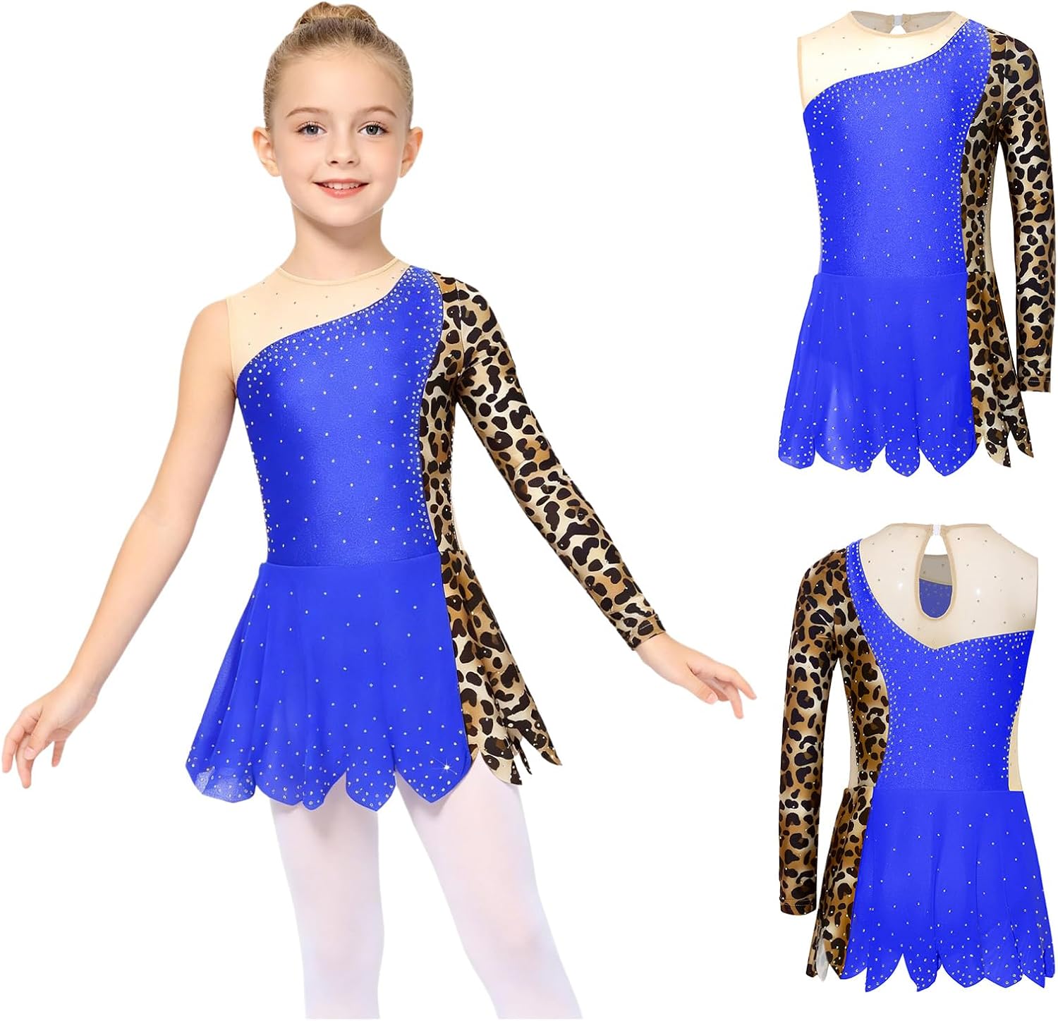YiZYiF Kids Girls Sparkly Rhinestone Skirted Bodysuit Stage Performance Figure Skating Dress Leopard Print Dancewear