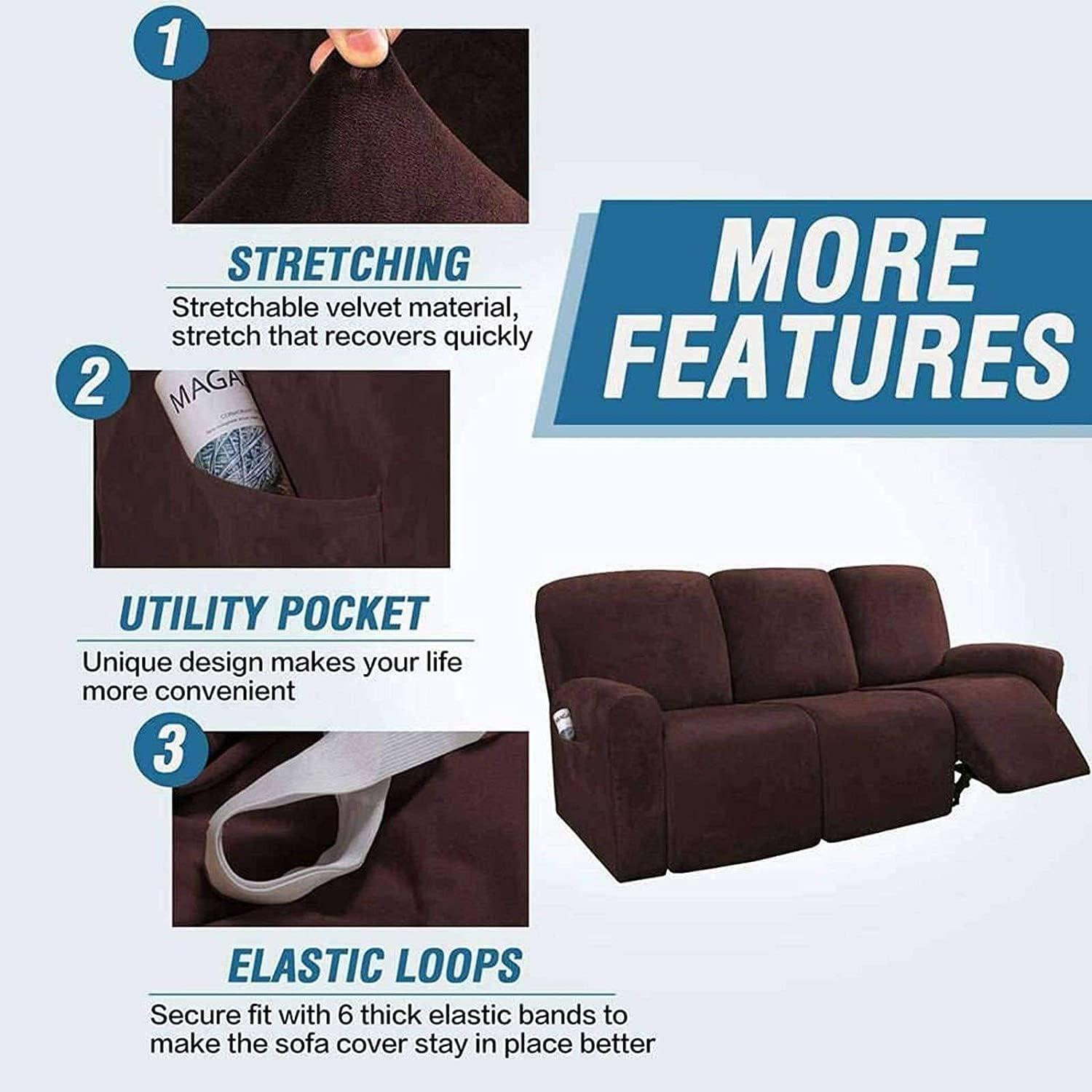 Stretch Velvet 1 2 3 Seat Recliner Sofa Cover Pet Dog Kid Solid Color Sofa Covers Relax Lounger Slipcovers Couch Towel Armchair Covers (Color : B, Size : 3Seater 8-Piece)