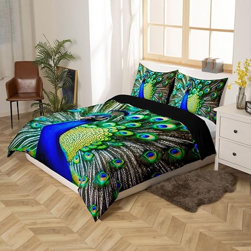 Miniatura 5 de Juego de funda de edredón de pavo real, tamaño Queen, color verde, lindo diseño de animales, estampado de plumas de pavo real, juego de funda de