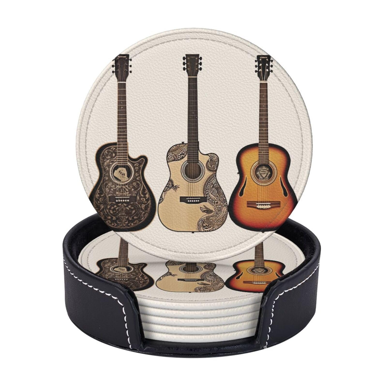Round Coasters for Drinks Set of 6 - PU Leather Coasters with Holder - Modern Drink Coasters for Coffee Table - Guitar Coaster for Tabletop Protection 4" Cup Mat Pad