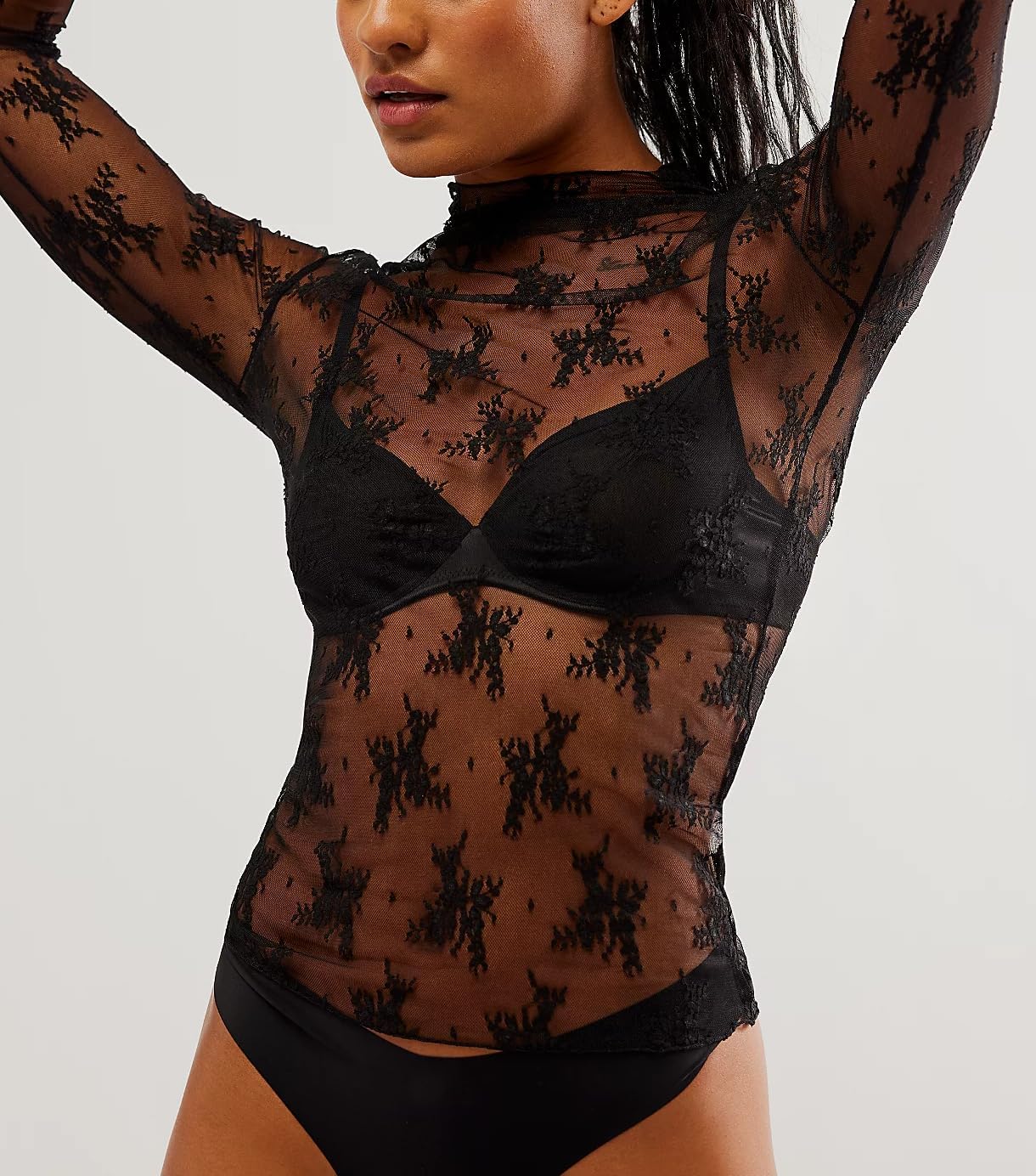 KMBANGI Women's Mesh Lace Long Sleeve Top Mock Neck Sheer Blouse Floral Lace Layering Tops Y2k See Through Tee Shirt - Image 2