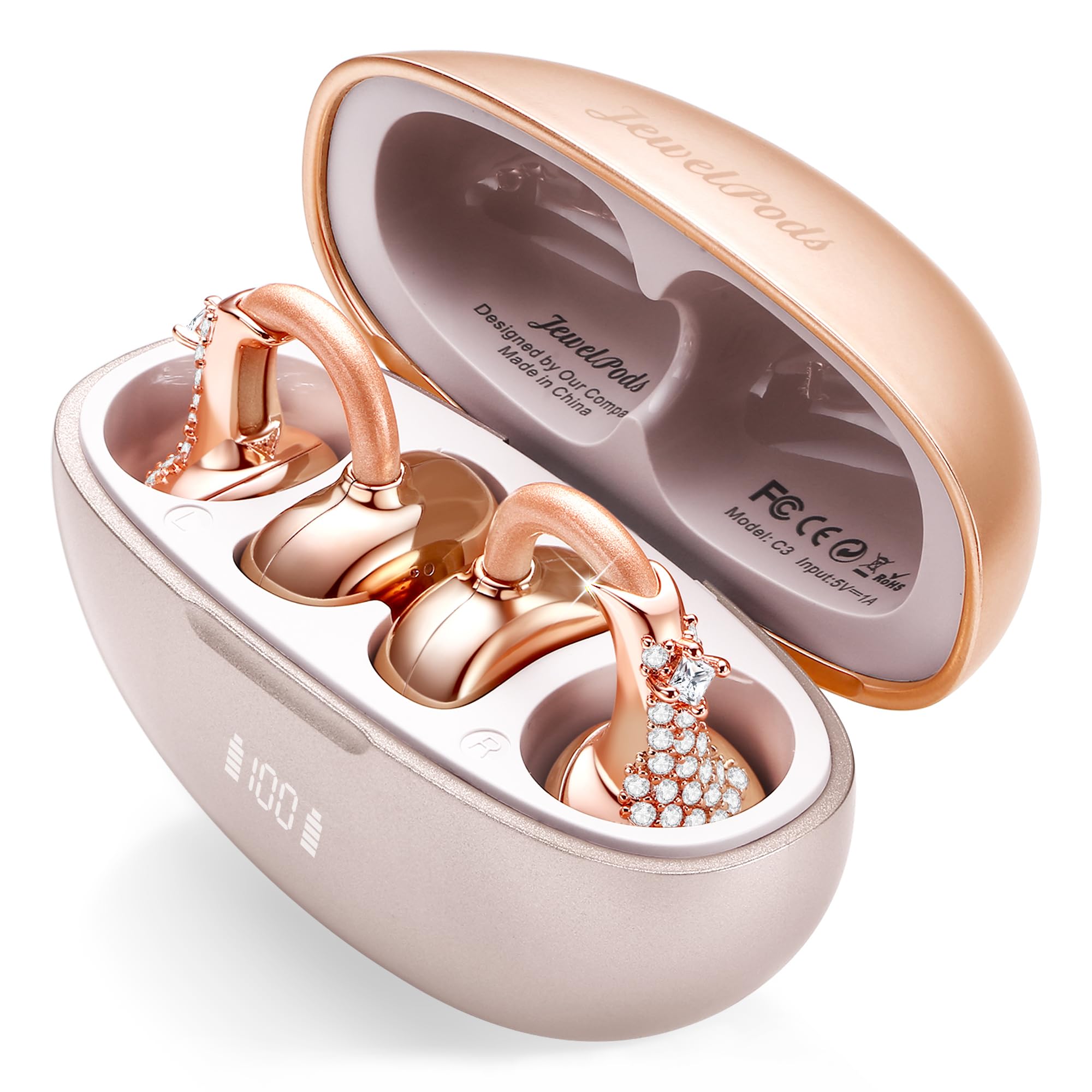 JewelPods C3 - Auricolari wireless Bluetooth aperti per un comfort che dura tutto il giorno, filo di memoria ultra leggero, 60 ore di riproduzione, resistente al sudore e all'acqua, suono