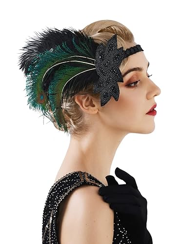 SWEETV Diadema de plumas estilo flapper de los años 20, tocado Showgirl con lentejuelas de los años 20, accesorios para el cabello Gatsby para mujer