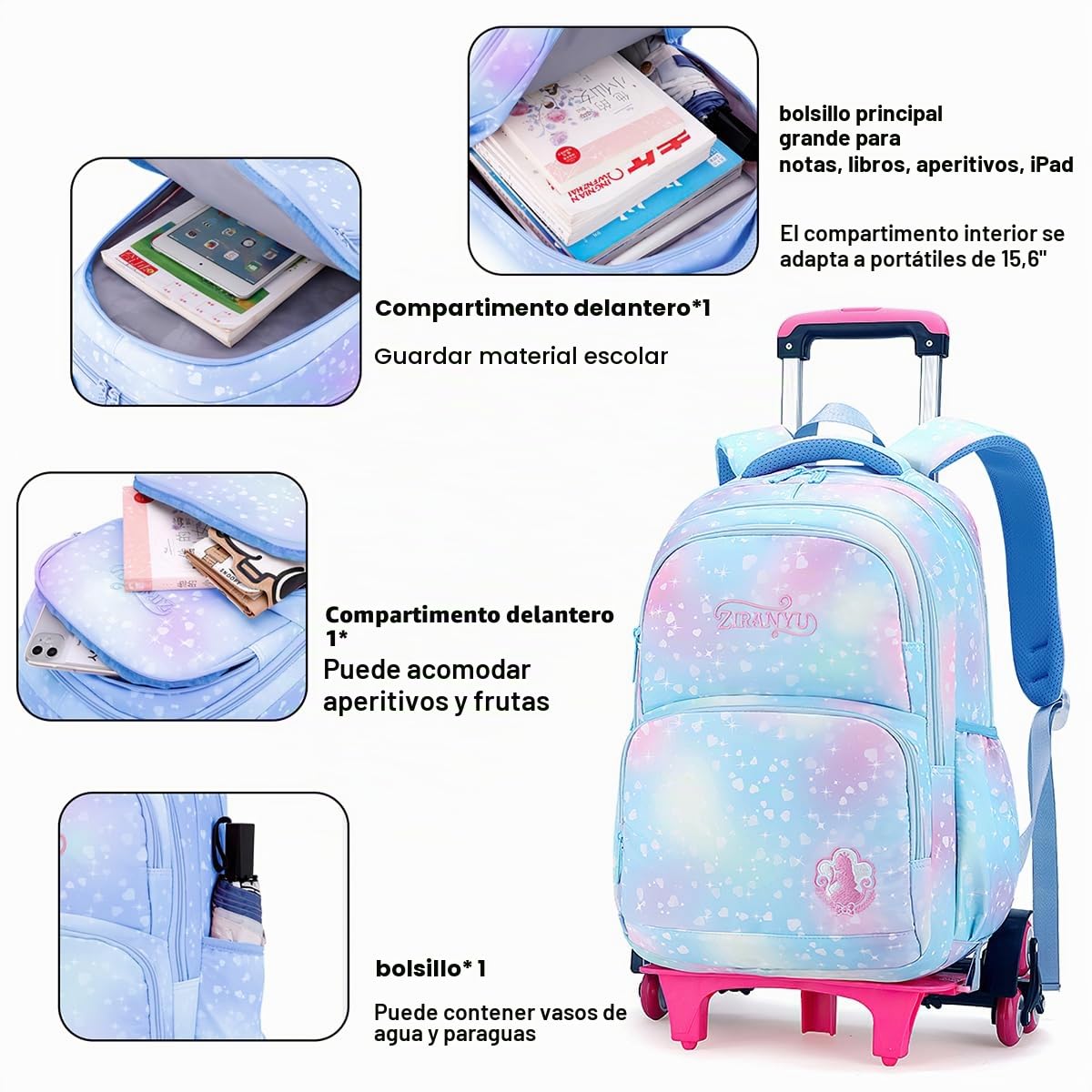 Mochila escolar con ruedas para niñas, con ruedas, 32 x 18 x 45 cm, Rucksack