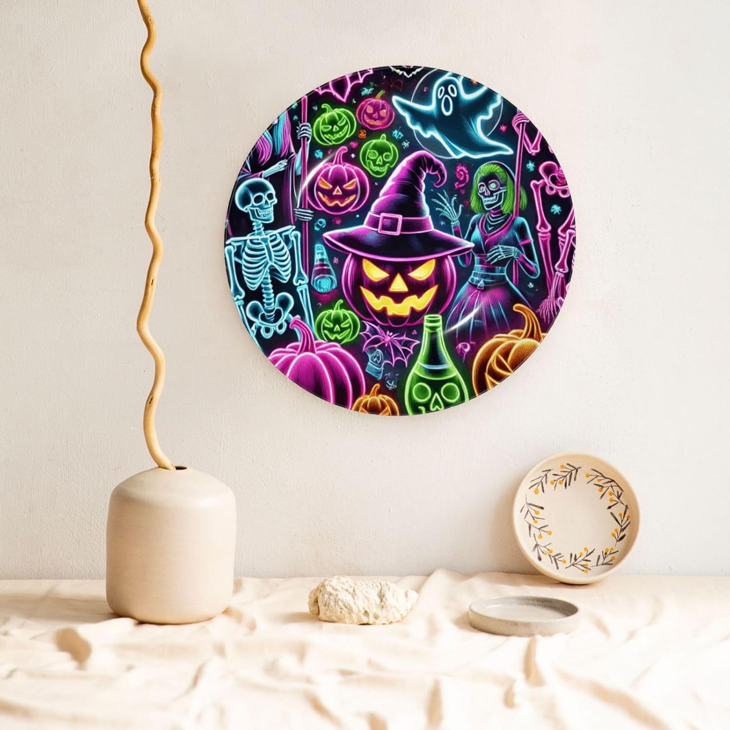 Halloween-Bats-Skeletons-Pumpkins 10 Inch Decorative Plate With Stand, Elegant Display Wall Plate For Home Decor