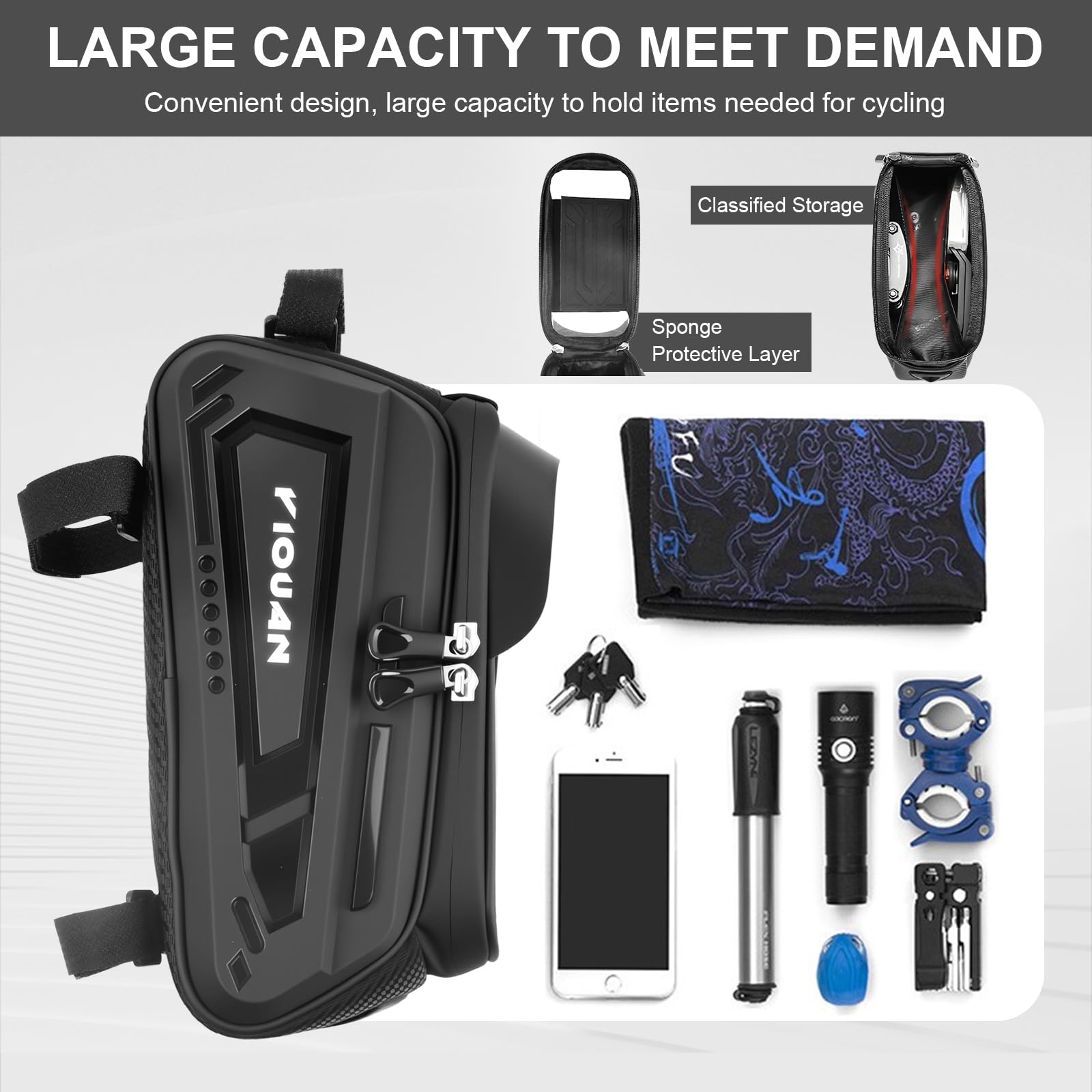 Borsa per bicicletta impermeabile, borsa per telaio in con touch screen in TPU, borsa manubrio MTB, supporto per telefono per bicicletta fino a 8" (24×12×12cm)