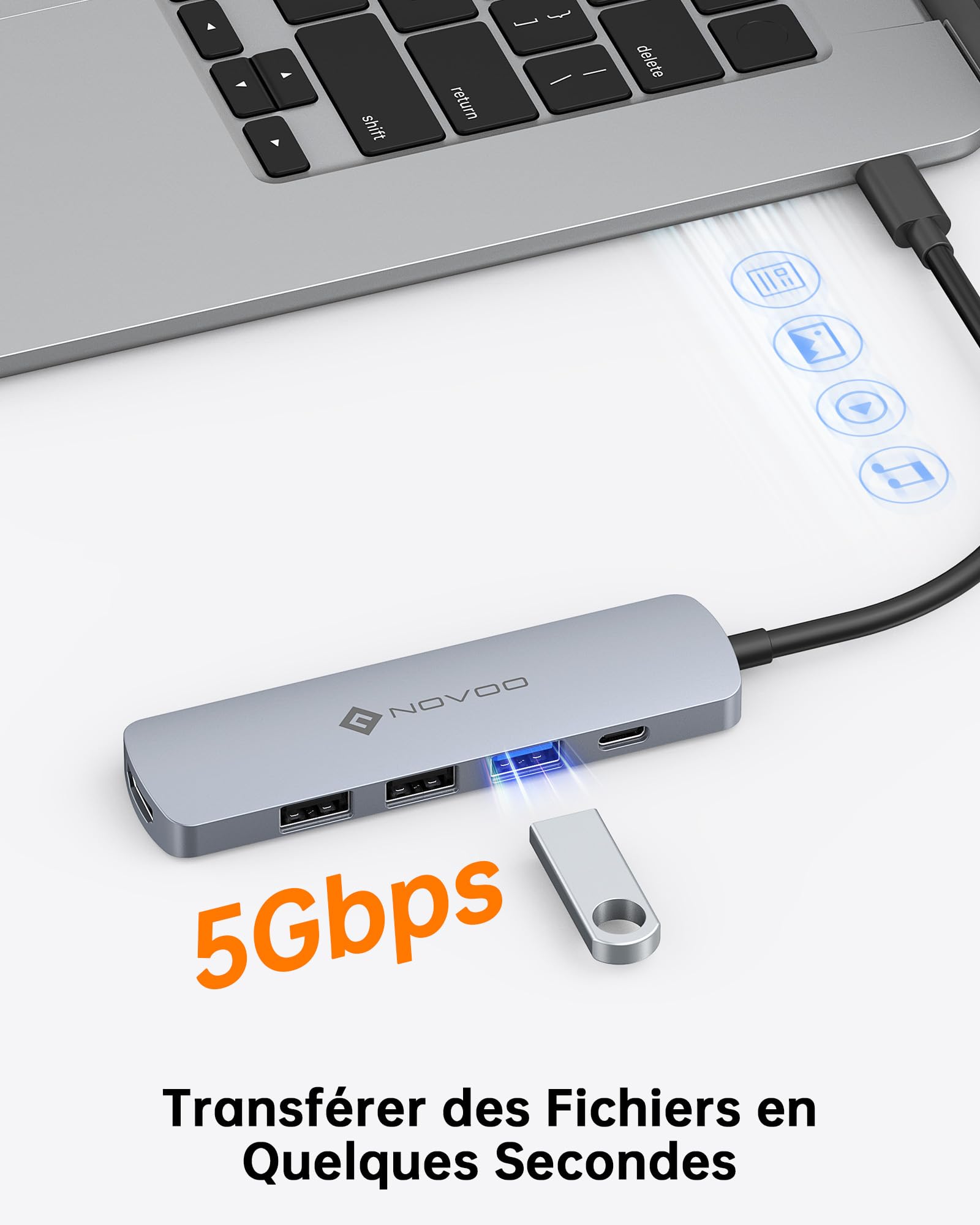 Hub USB-C 5-en-1 NOVOO - HDMI 4K, 3x USB 3.0, Charge PD 100W - Pour MacBook, PC Portable