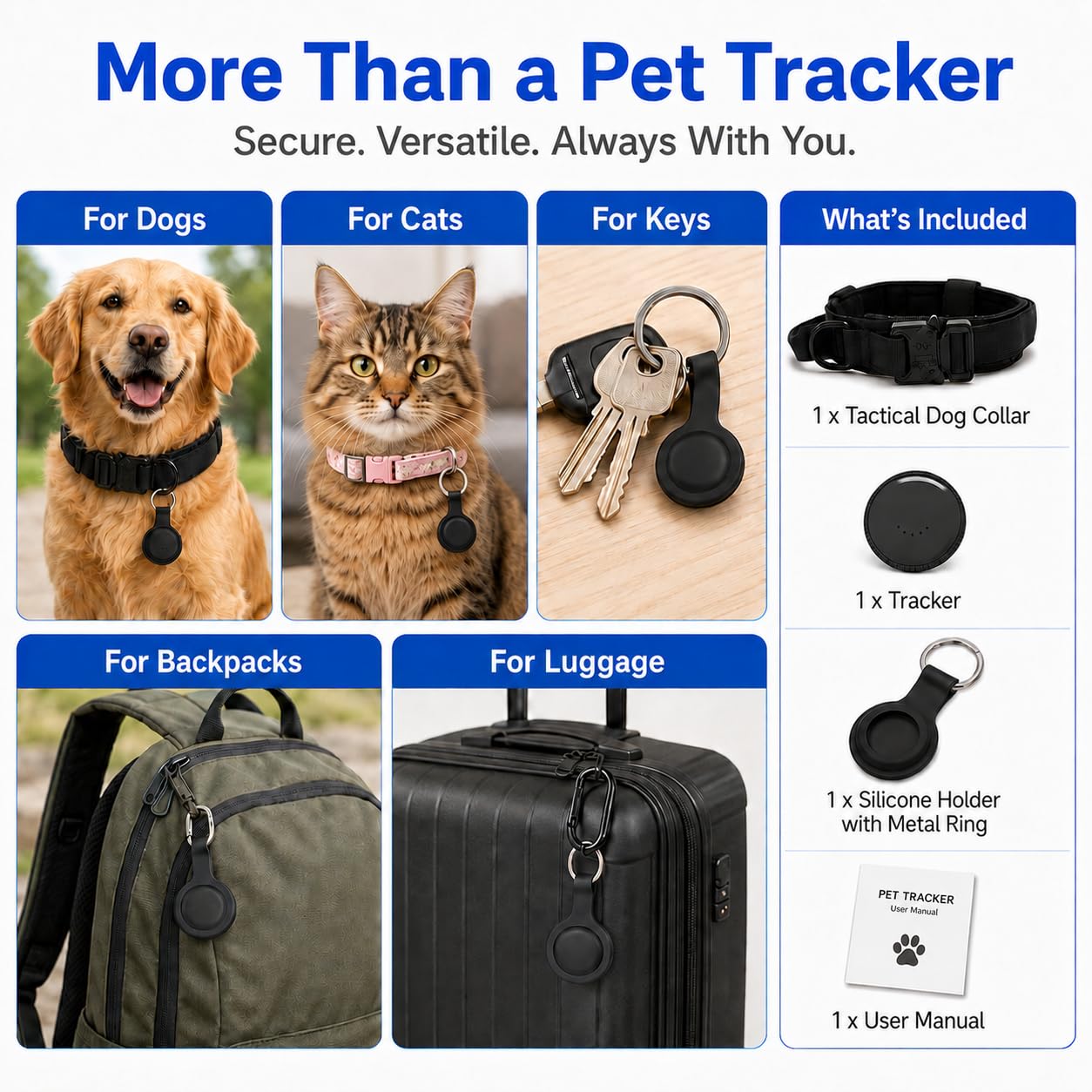 Haustier-GPS-Tracker für Hunde, kompatibel mit Apple Find My (nur iOS), keine monatliche Gebühr, IP67 wasserdicht, Anti-Verlust-Locator, 12-Monats-Akku, inklusive Silikon-Halsbandhalter und taktischem