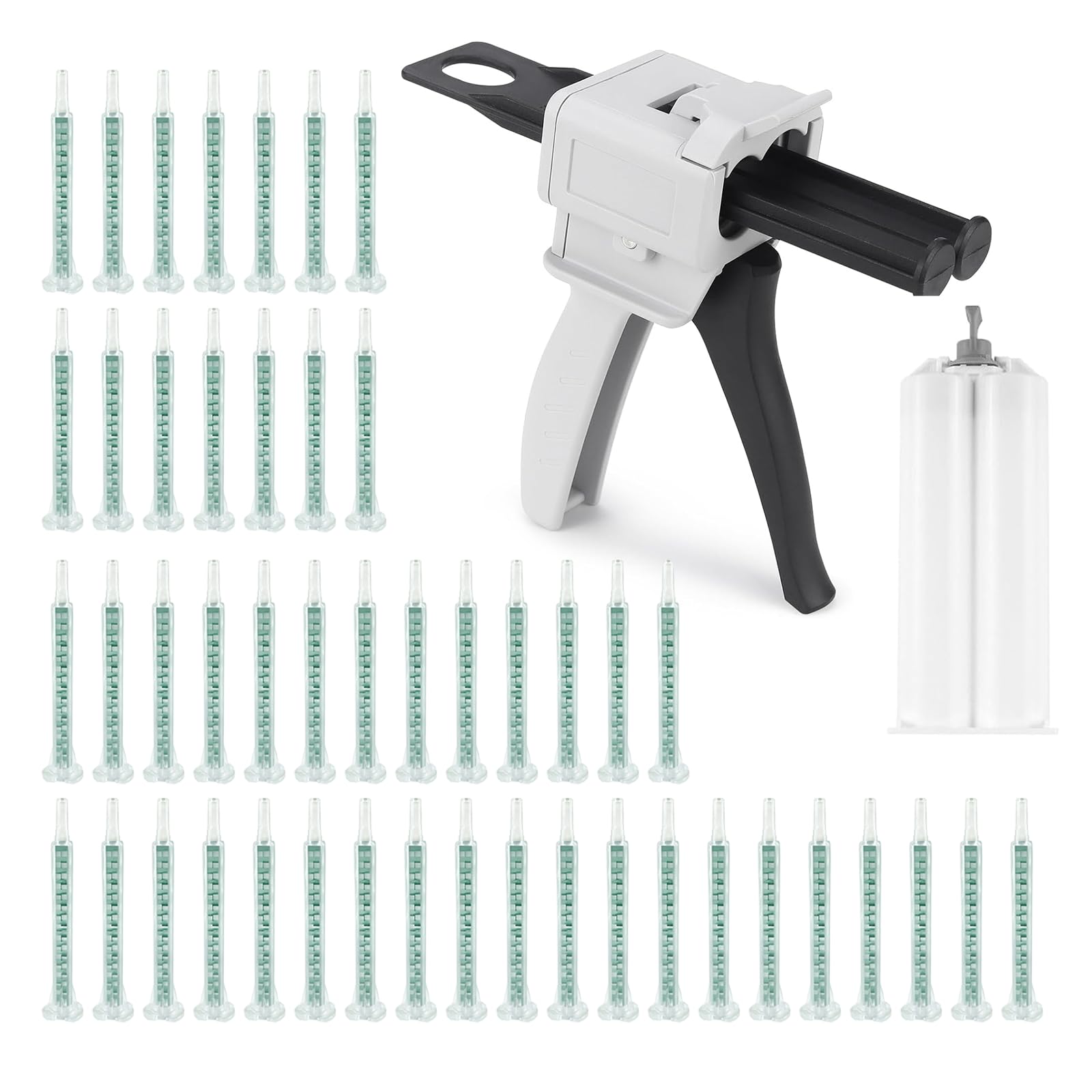 Pistola de Pegamento Epoxi AB, Pistola Dispensadora con 1 Cartucho Doble de Cola 50 ml y 50 Verde Seringas de Mezcla Estática 1:1, para Hobby Art DIY Craft Reparación Oficina Hogar, Plástico