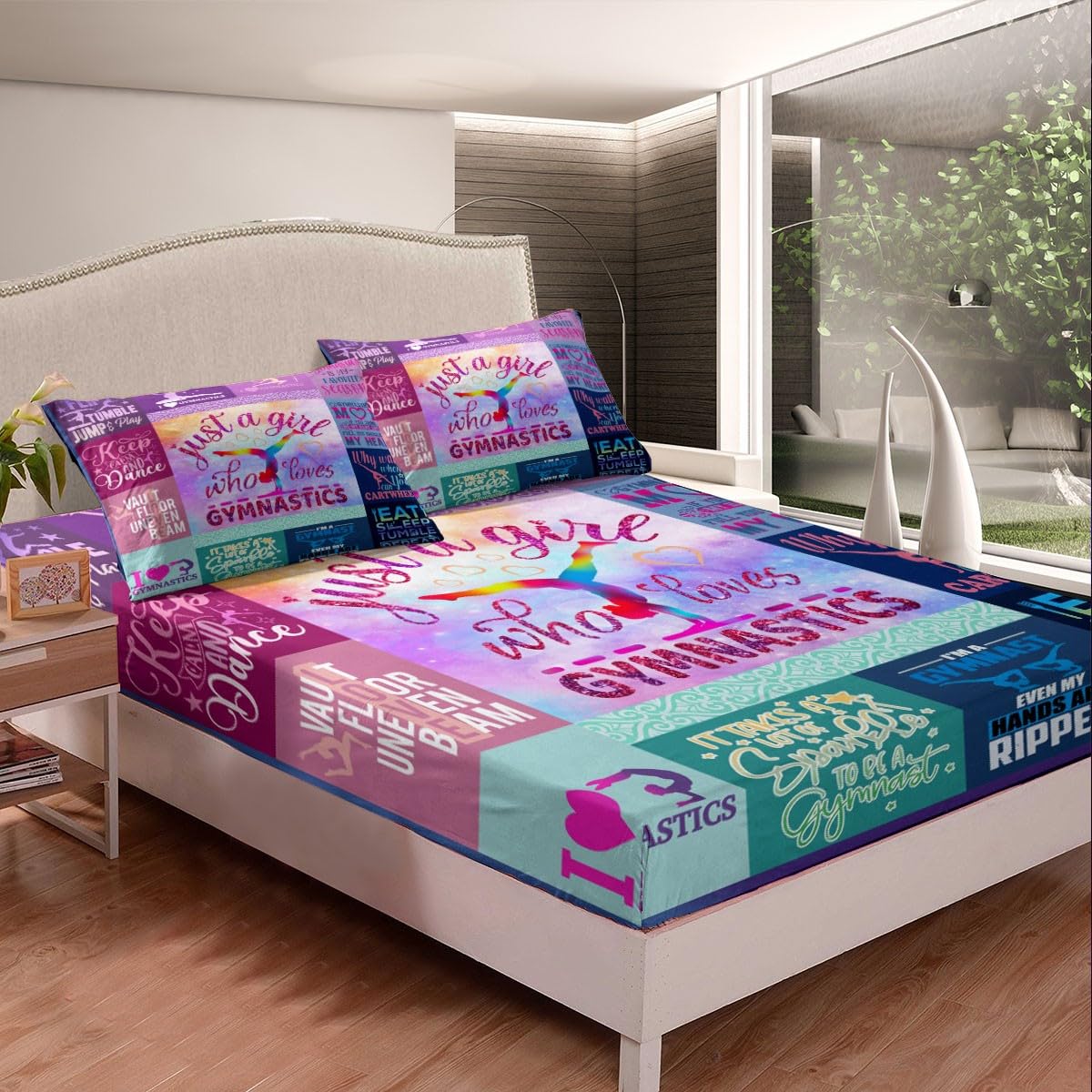 Gymnastics Fitted Sheet Kids Girls Gymnastics Bedding Set for Boys Bed Sheet Set Gifts for Gymnasts Lovers Purple Bed Cover Deep Pocket Decor Single - Image 2