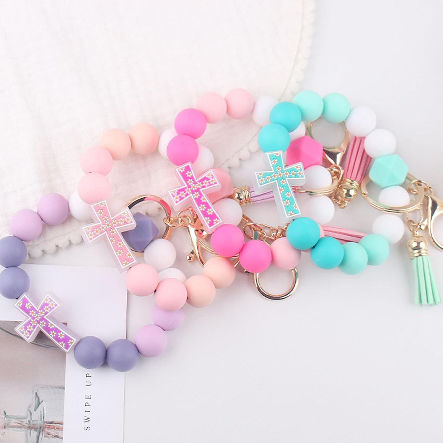 Flower Cross Silicone Beaded Wristlet Keychain Bracelet For Women Stretchy Charm Bracelet Wrist Key Chain - Image 7