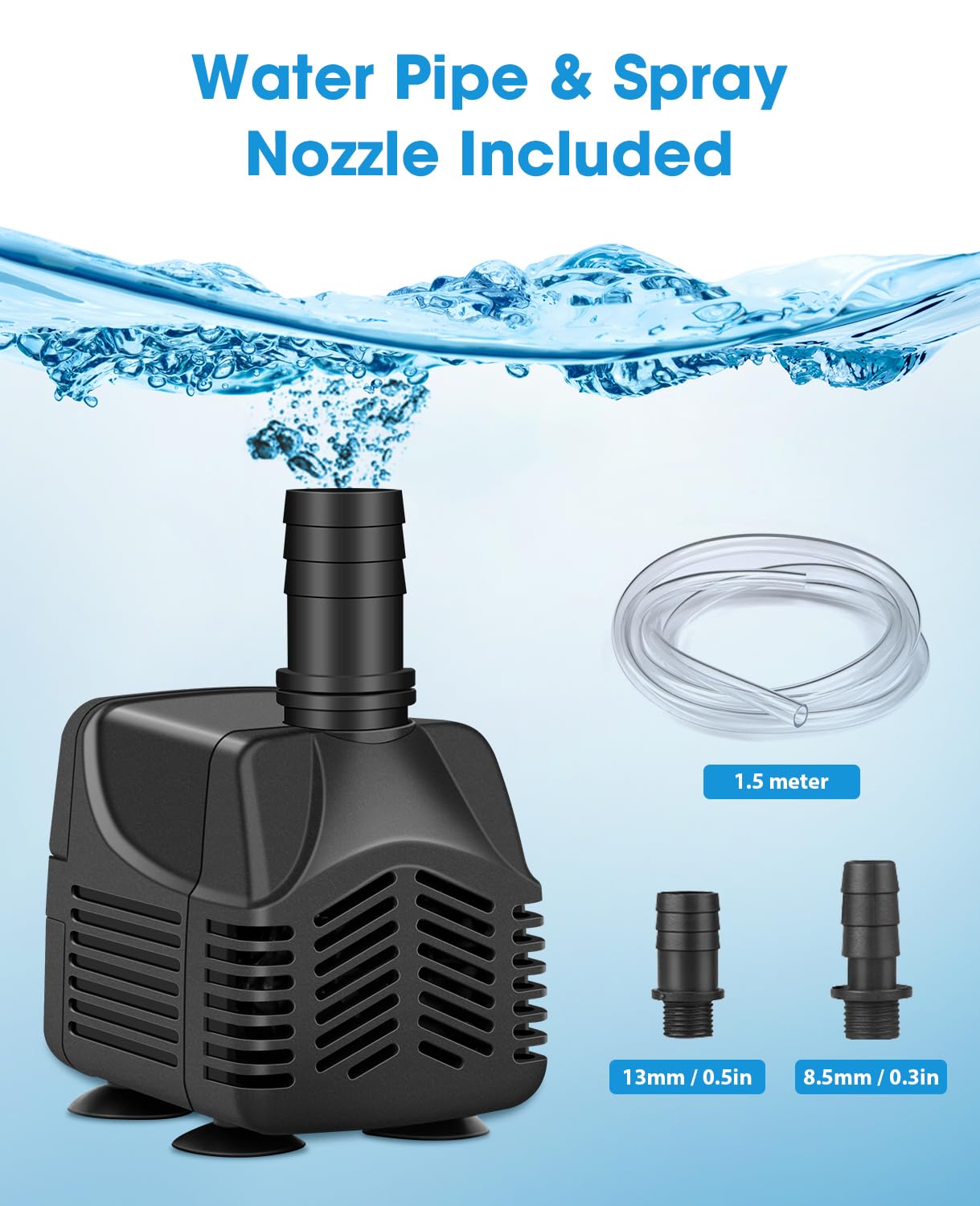 MOSFiATA Mała pompa głębinowa – zasięg 800 l/h, 220 V, 10 W, kabel 2,5 m, wąż 1,5 m i 2 dysze – idealna do akwariów, ogrodów, studni i stawów