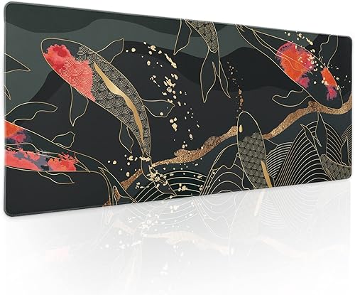 Alfombrilla de mouse japonesa para juegos negra y roja, XL, arte de peces Koi, textura dorada, alfombrilla de escritorio grande extendida, base de