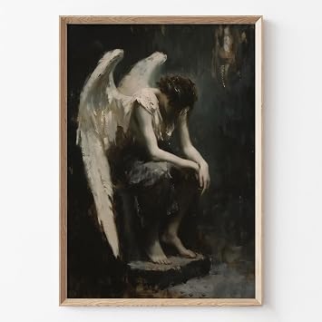 Black and White Angel Poster Vintage Woman Painting Abstract Angel Canvas Wall Art Dark Academia Artwork White Wing Picture Black and White Female Wall Art Gothic Woman Poster for Room 16x24in No Frame