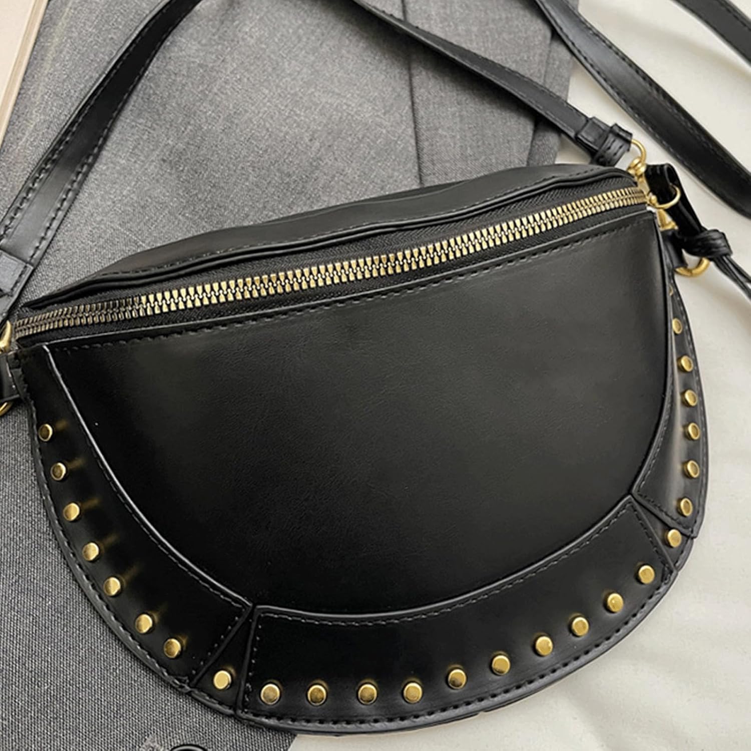 Checkered Crossbody Bag Studded Checkerboard Crossbody Bum Bag Alt Crescent Saddle Purse Studded Half Moon Handbag with Pouch