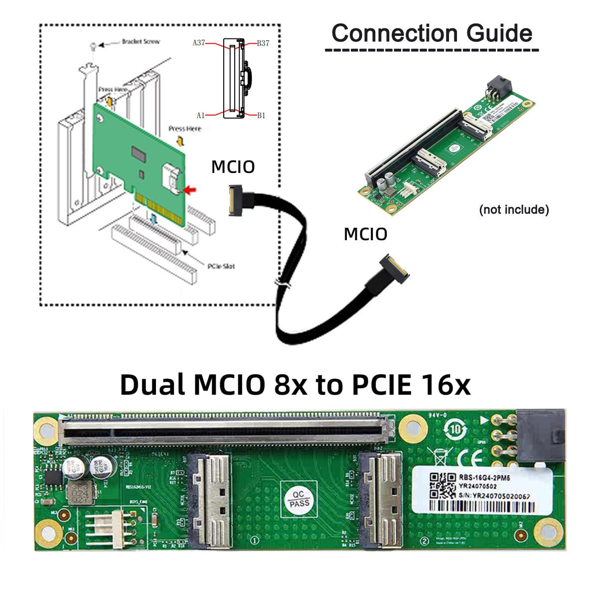 Cablecc 2-Port 74Pin PCI-E 16X auf PCI-E 5.0 MCIO 8i SFF-TA-1016 Adapter Mini Cool Edge IO Buchse PCI-Erweiterungskartenadapter mit 6Pin GPU-Stromanschluss für Erweiterungsgrafiken