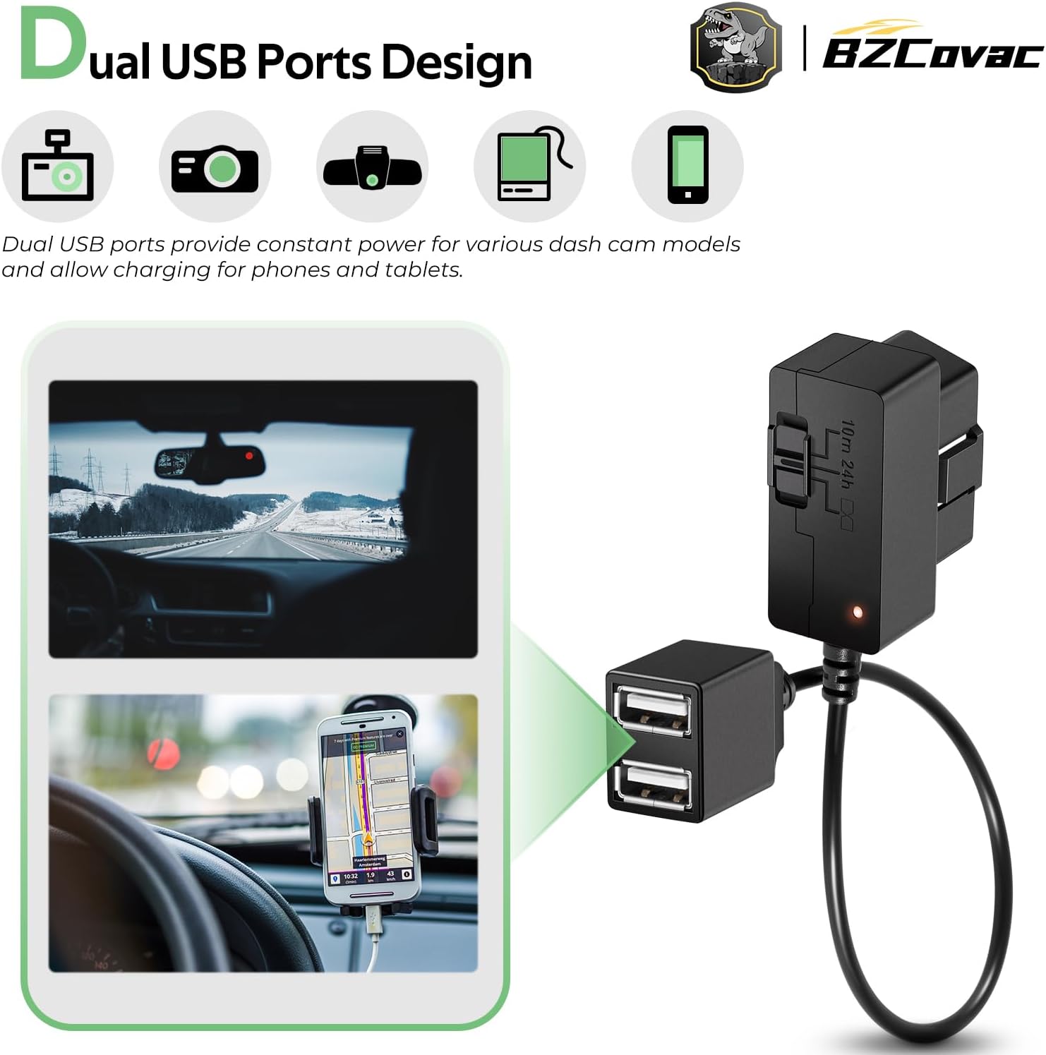 Constant Power Cable for Garmin Dash Cam, OBD-II Port Adapter with Dual USB for Car Charging, Supports Multiple Parking Modes