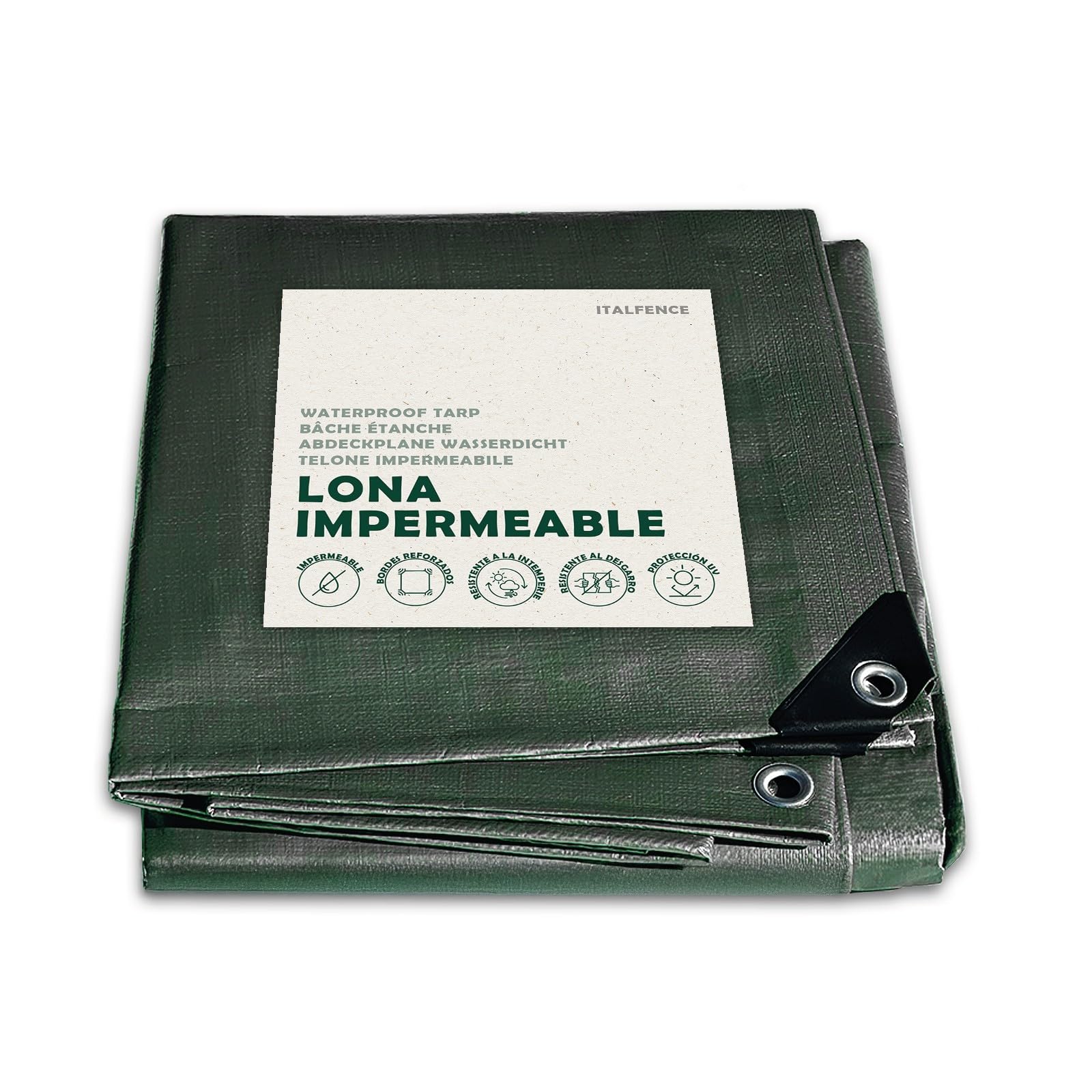 Lona Impermeable de PE 250 g/m² Verde, Reforzada con Ojales [2 x 3 m]