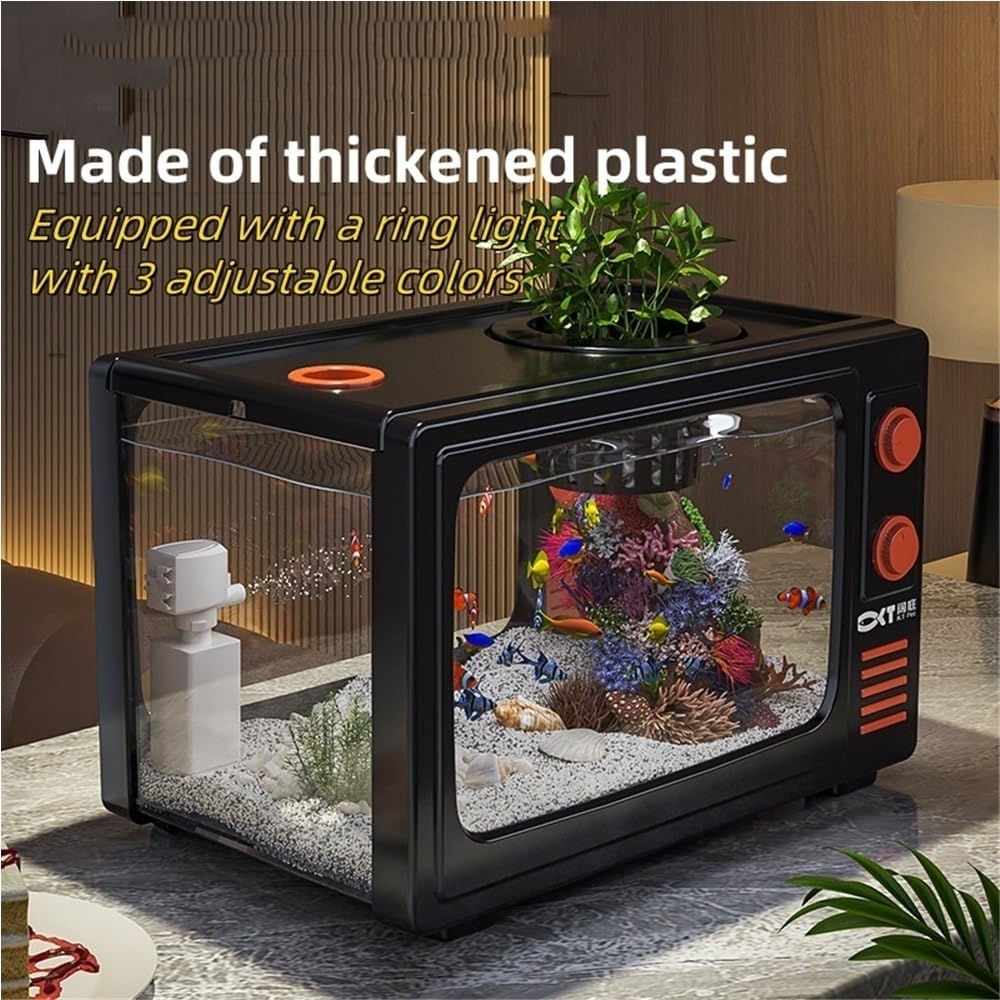 Acquario da tavolo da 3 galloni, acquario TV retrò, acquario per pesci con filtro multifunzione, acquario per pesci ad alta trasparenza realizzato in materiali AS (nero, 18,3 x 19,6 x 30,5 cm)