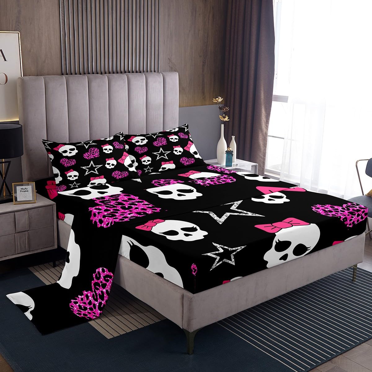Homemissing Glitter Leopard Bed Sheets Set Double Size Star Skull Bedroom Decor Y2K Sheet Set Pink Bowknot 4Pcs with 2 Pillowcases