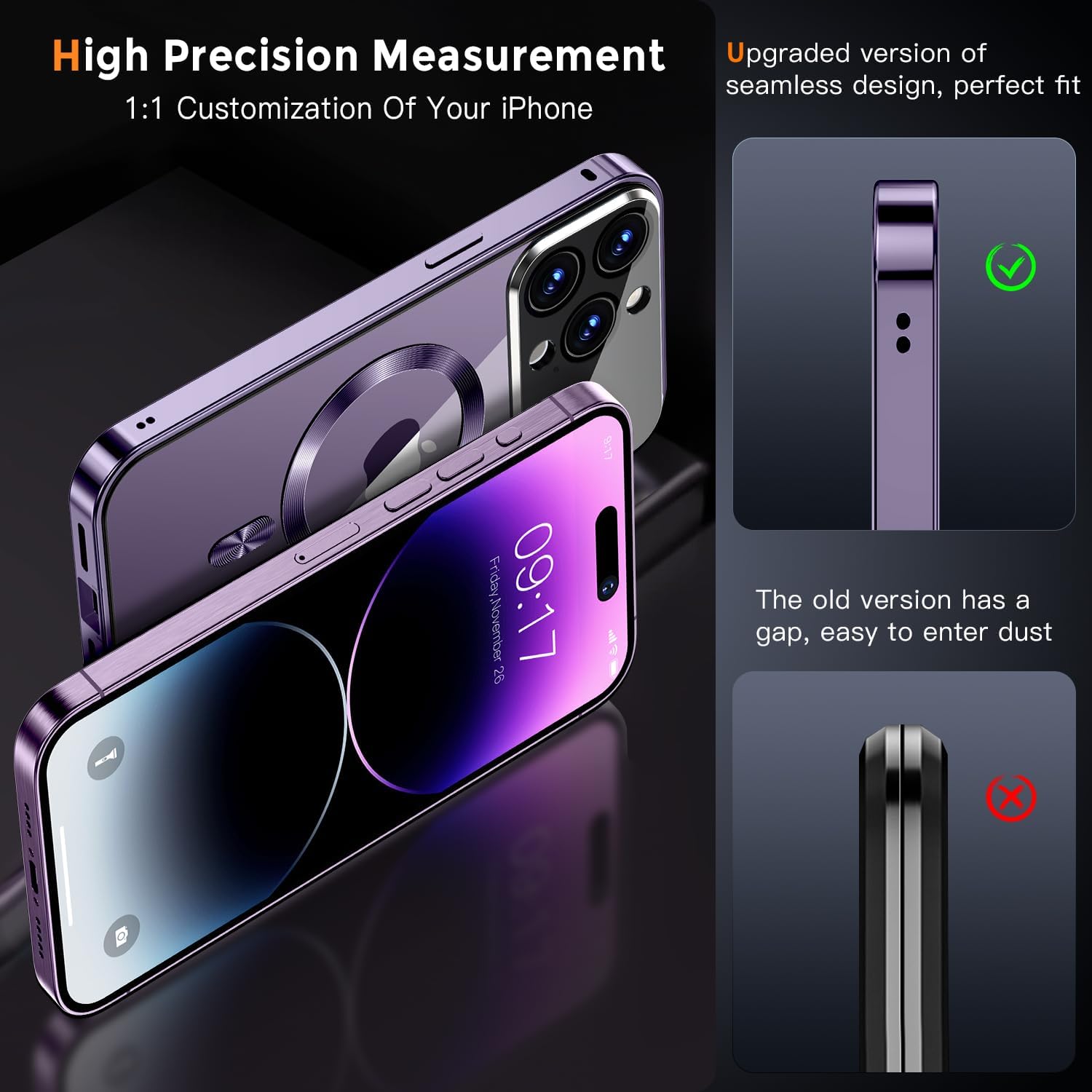 [Full Camera Protection& Mechanical Lock]Magnetic Privacy Case for iPhone 14 Pro Max[Compatible with MagSafe][CD Metal Ring]Full Body Shockproof Metal Bumper, 9H Anti Peeping Glass Cover-Purple - Image 7