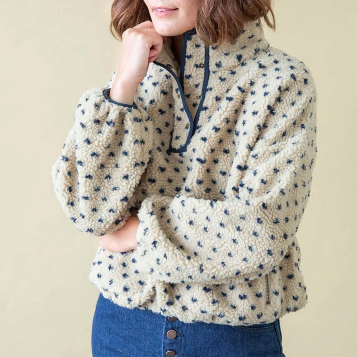 Womens Fleece Sweatshirt Half Zip Sherpa Pullover Jackets Warm Long Sleeve Vintage Hiking Coat with Pockets - Image 4