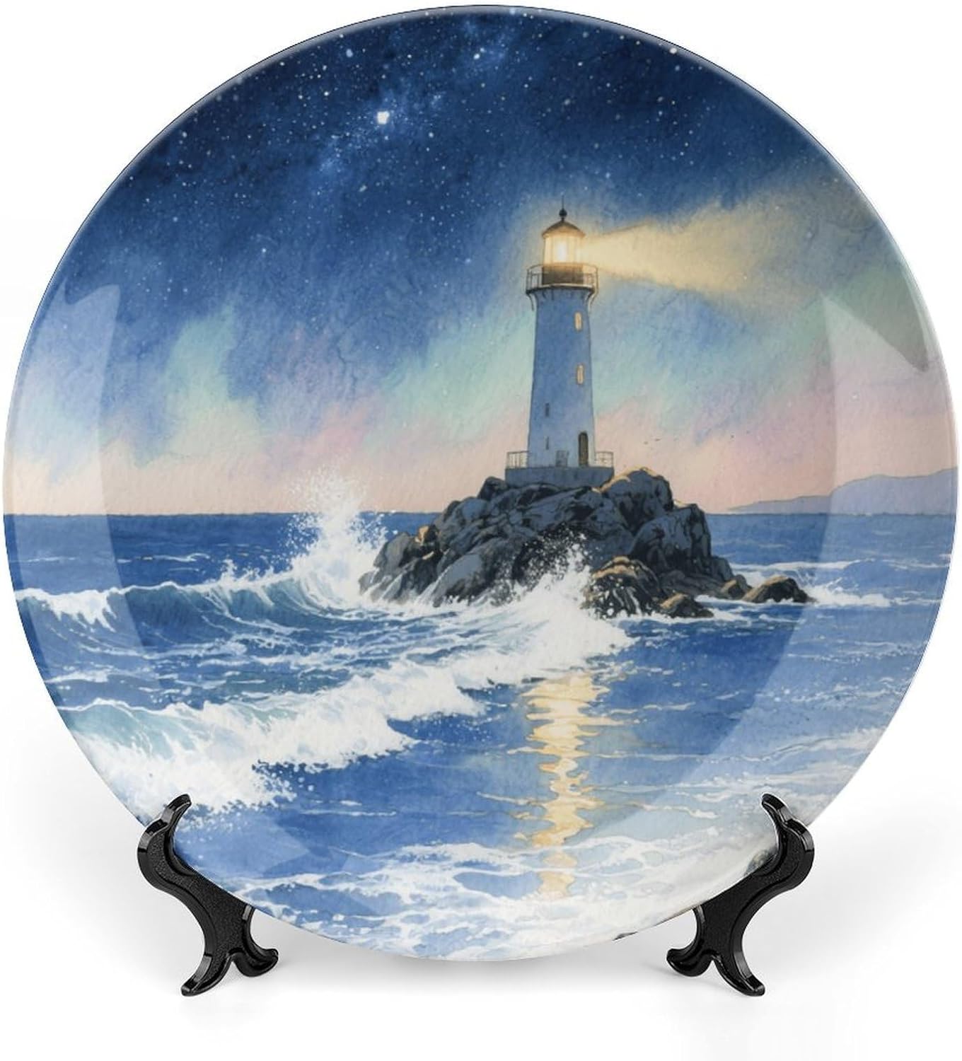 Bone China Decorative Plates Seaside Lighthouse Ceramic Decorative Plate Wall Decor with Display Stand Ceramic Ornaments for Wall Hanging Decoration