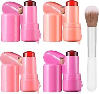 4 Pcs Jelly Blush Stick, Waterproof & Sweatproof 3-in-1 Multi-Use for Cheeks Lips Eyes, Long-Lasting 12-Hour Hydrating Formula with Hyaluronic Acid, Portable 4-Color Set with Nude (4PCS)