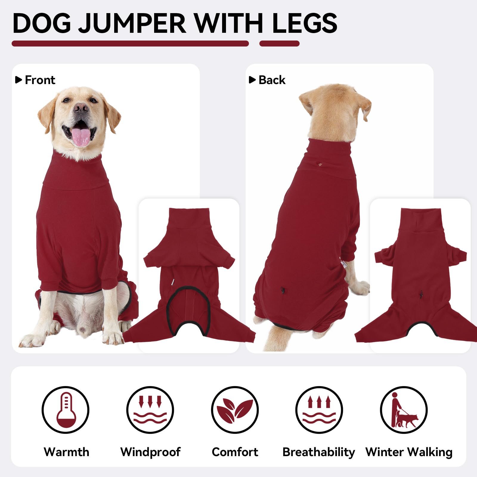 Hjyokuso Dog Fleece Jumper, Dog Coat With Legs, Soft Stretch Design With Leash Hole and Snug Fit, for Snowy Days Red -XL - Image 2