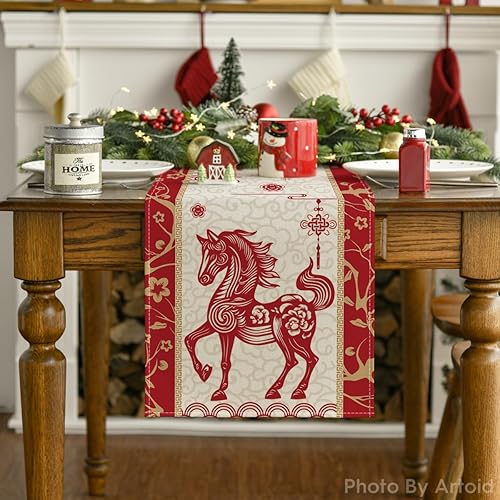 Miniatura 7 de Artoid Mode Camino de mesa de Año Nuevo Lunar, estilo de corte de papel, caballo del zodiaco chino, feliz 2026, decoración de mesa de comedor de
