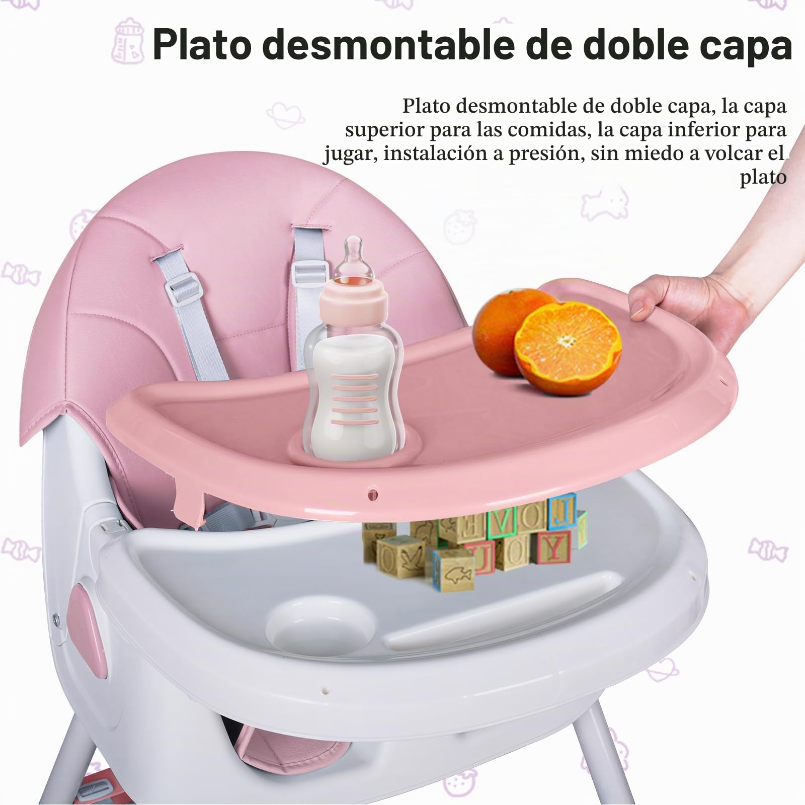 Tronas de Bebé Ajustable Trona Portatil Multifuncional Silla de Comer para Bebé con Plato Desmontable de Cena y Cinturón de Seguridad, 72x60x94CM (rosa)