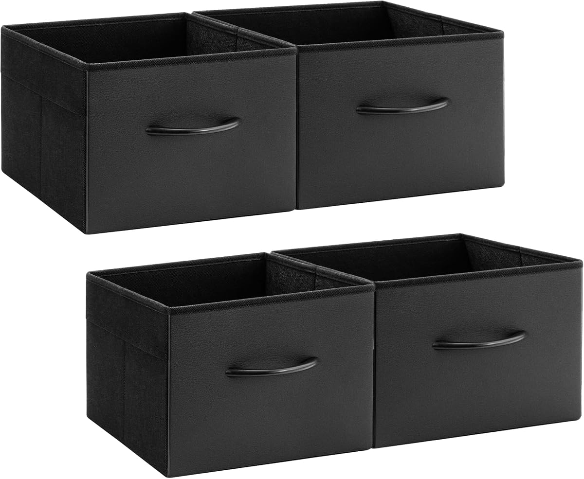 StorageWorks Contenedores de almacenamiento negros, cestas de almacenamiento de cuero, paquete de 4 | Asas reforzadas, frente de piel sintética, tela no tejida, plegable, ahorra espacio, organizadores de armario y contenedores de almacenamiento