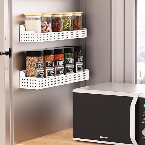 Paquete de 2 estantes magnéticos para especias para organizador de refrigerador, estante magnético de metal expandible para horno de microondas,