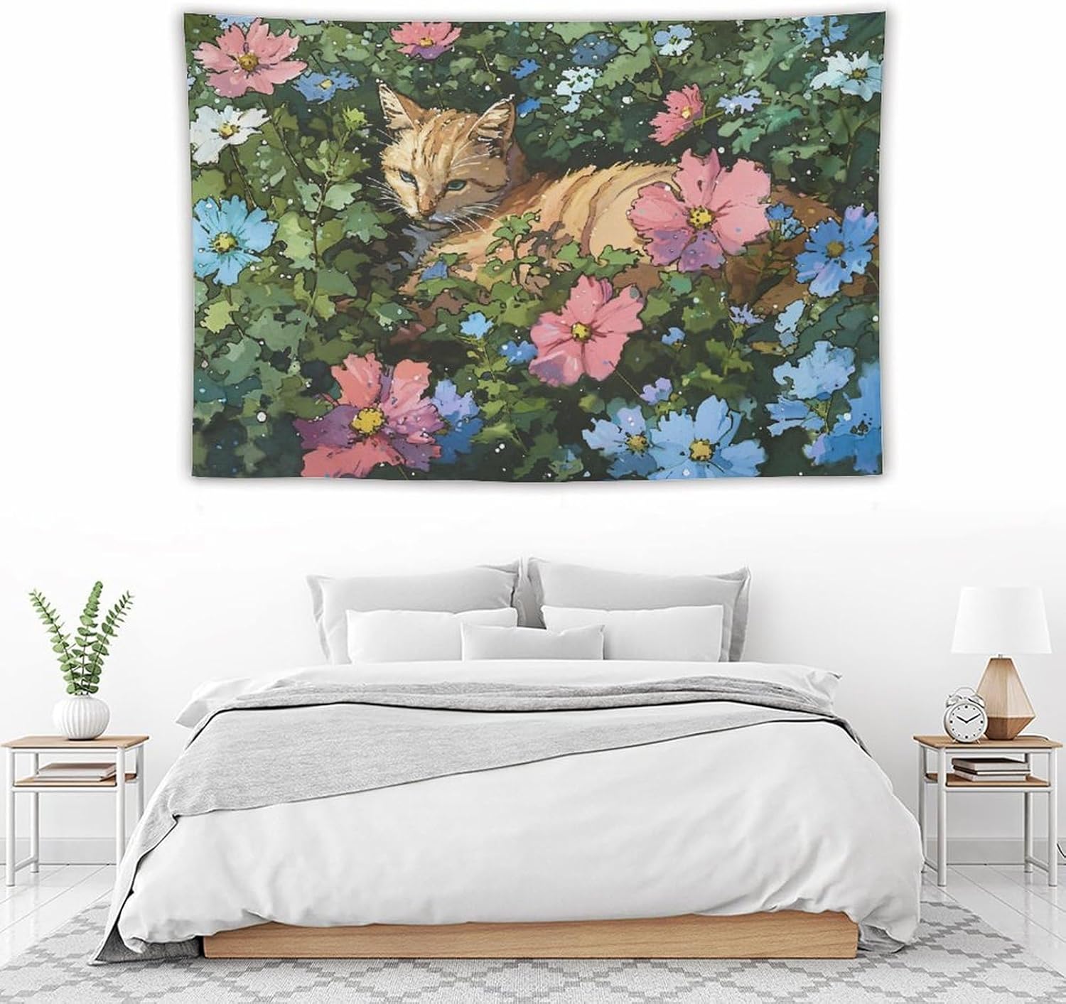 FeoYoed Tapestry Wall Hanging Aesthetic Decoration For Bedroom Living Room Wall Art Tapestries Cat Resting Among Flowers Pixel Style 40"x60"