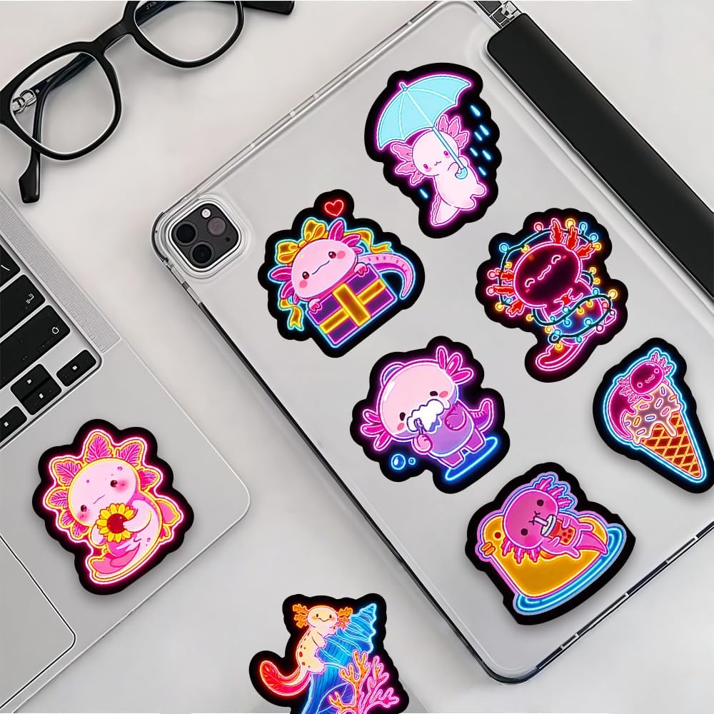 120PCS Neon Axolotl Stickers Pack, Cute Cartoon Salamander Stickers Waterproof Vinyl Decals for Laptop Water Bottles Phone Luggage Car, Axolotl Gifts Birthday Decorations, Party Favors