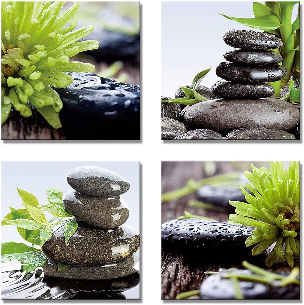 YPY Zen Bathroom Decor Meditation Canvas Wall Art, Water Stone and Green Plants Pictures for Yoga Spa and Office Calming, Relaxing Wall Art for Office Bedroom Living Room (16x16in, 4 Panels)