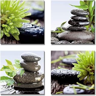 Zen Bathroom Decor Meditation Canvas Wall Art, Water Stone and Green Plants Pictures for Yoga Spa and Office Calming, Relaxing Wall Art for Office Bedroom Living Room (16x16in, 4 Panels)