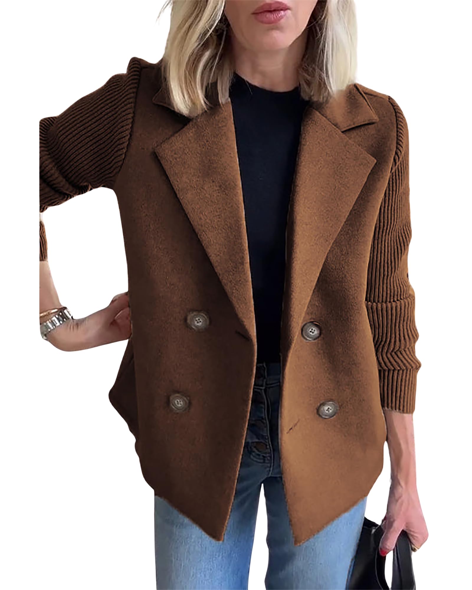 CORIRESHA Womens Knitted Long Sleeve Sweater Blazer Casual Lapel Double Breasted Coat