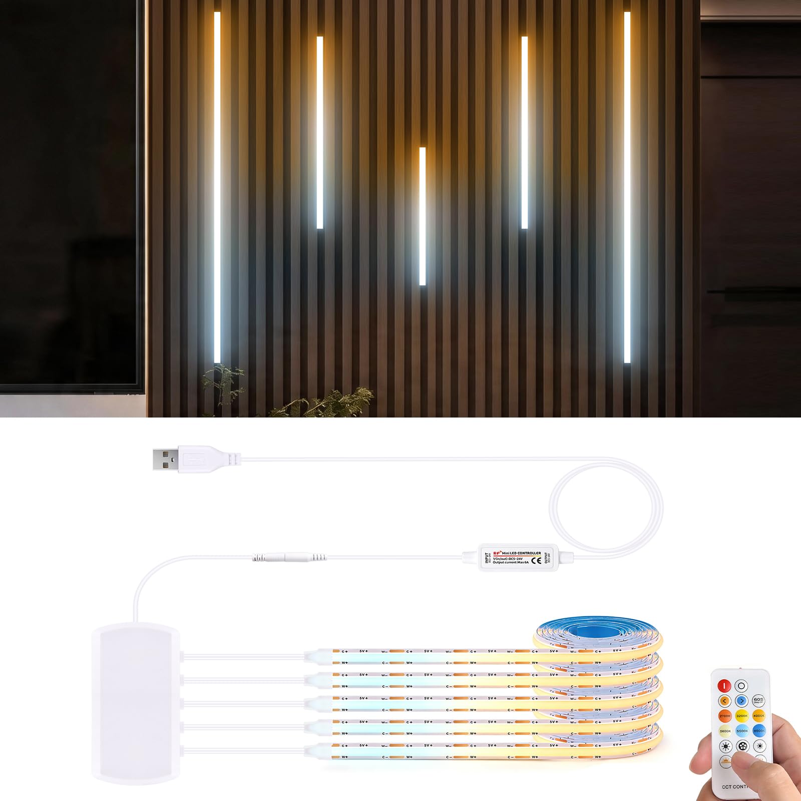 5 Pcs 1M 2700K caliente blanco-6500K blanco CCT COB led tira Kit, 5V USB COB led tira luz con control remoto para el panel acústico, estantes, vitrinas, iluminación de la decoración del gabinete