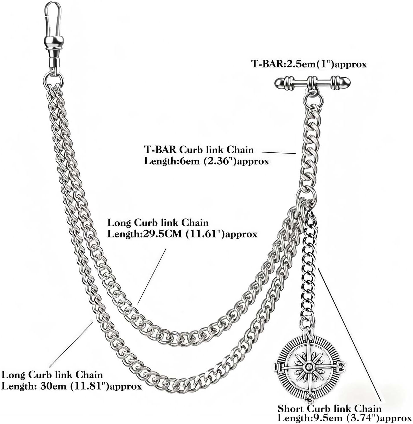 ManChDa Albert Chain Pocket Watch, T-bar Chains with Life Tree Pendant, Curb Link 2 Hook Antique Fob T Bar for Men - Silver