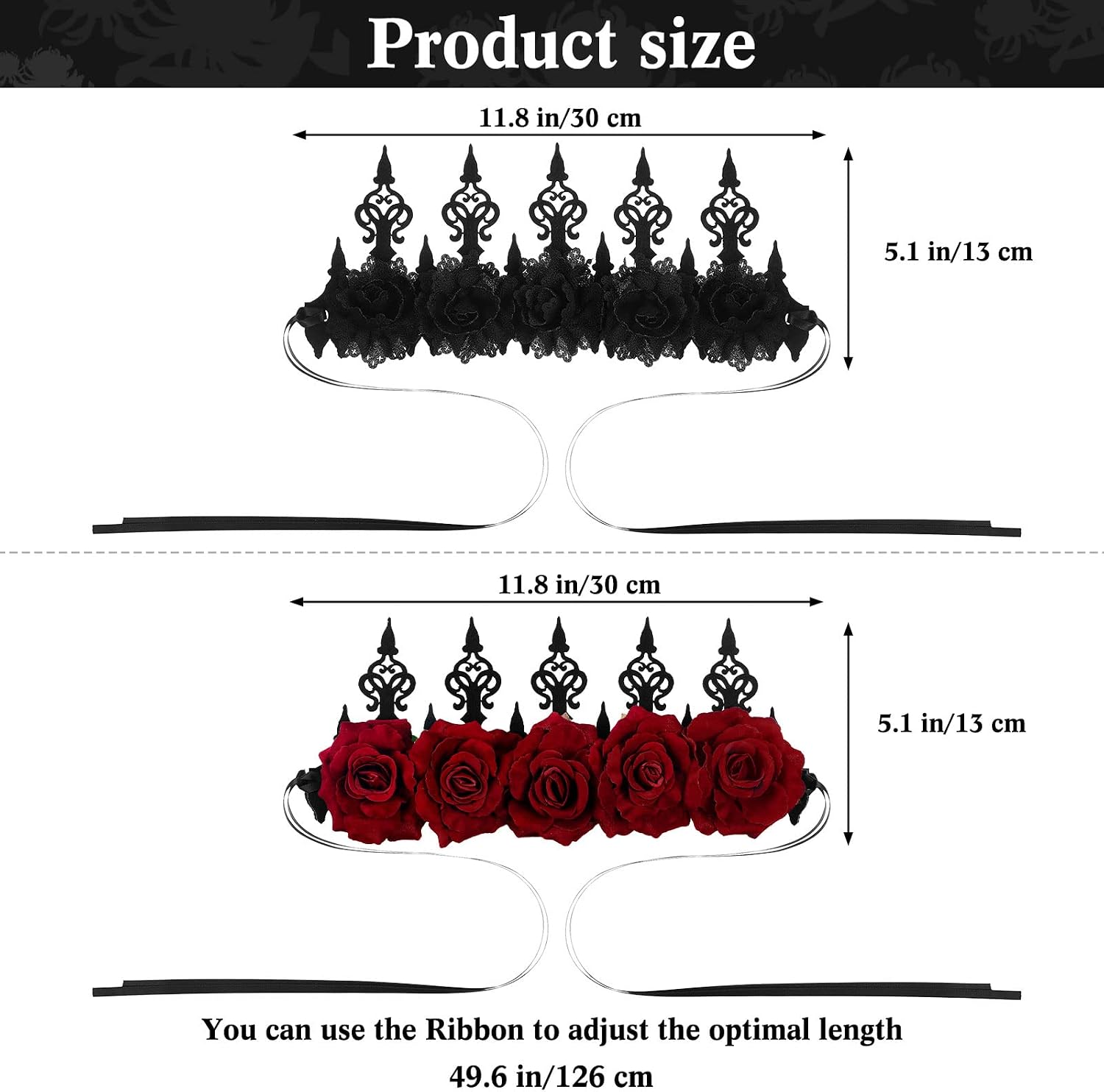 WILLBOND 3 Pack Halloween Black Lace Day of The Dead Veil Cathedral Wedding Veil Creative Mantilla 2 Vintage Black Red Rose Crown Headpiece Headdress Gothic Halloween Costume Accessories